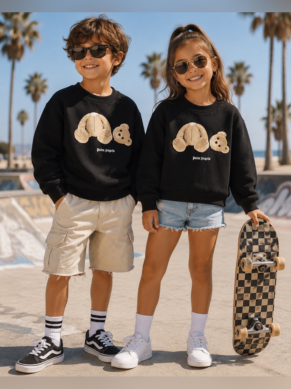 💙 Palm Angels Black Sweatshirt with Beige Split Teddy Graphic
